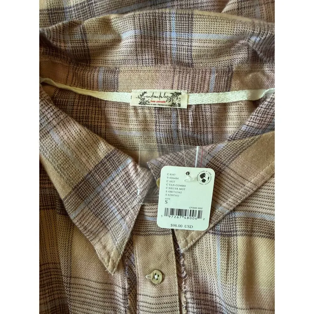 free people fallin' for flannel‎ sleep shirt tan & pink combo women size small